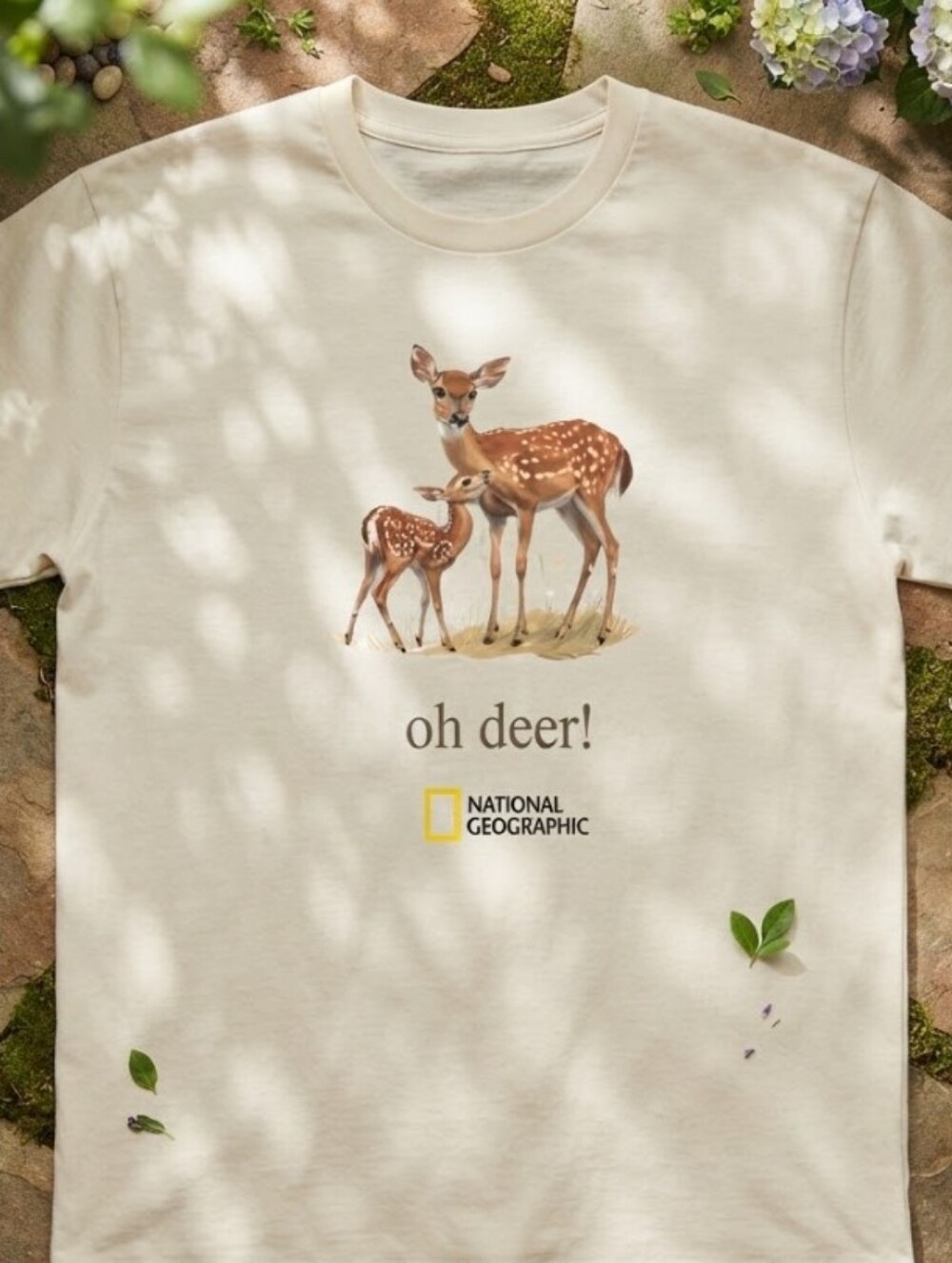 National Geographic white t-shirt with graphic of two deer and the words oh deer